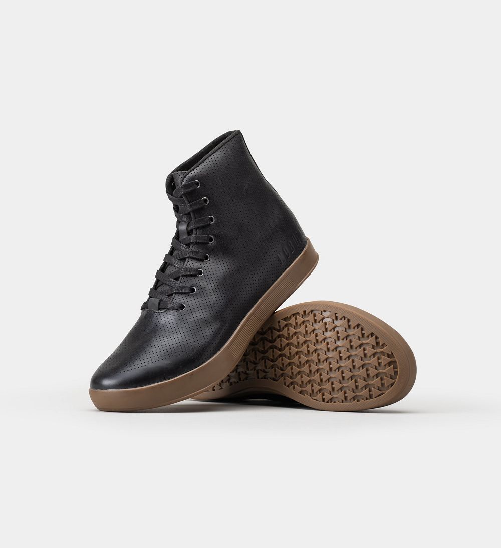 Women NOBULL High-Top Leather Cupsole Training Shoes Black Dark Gum | BJTRS-5691