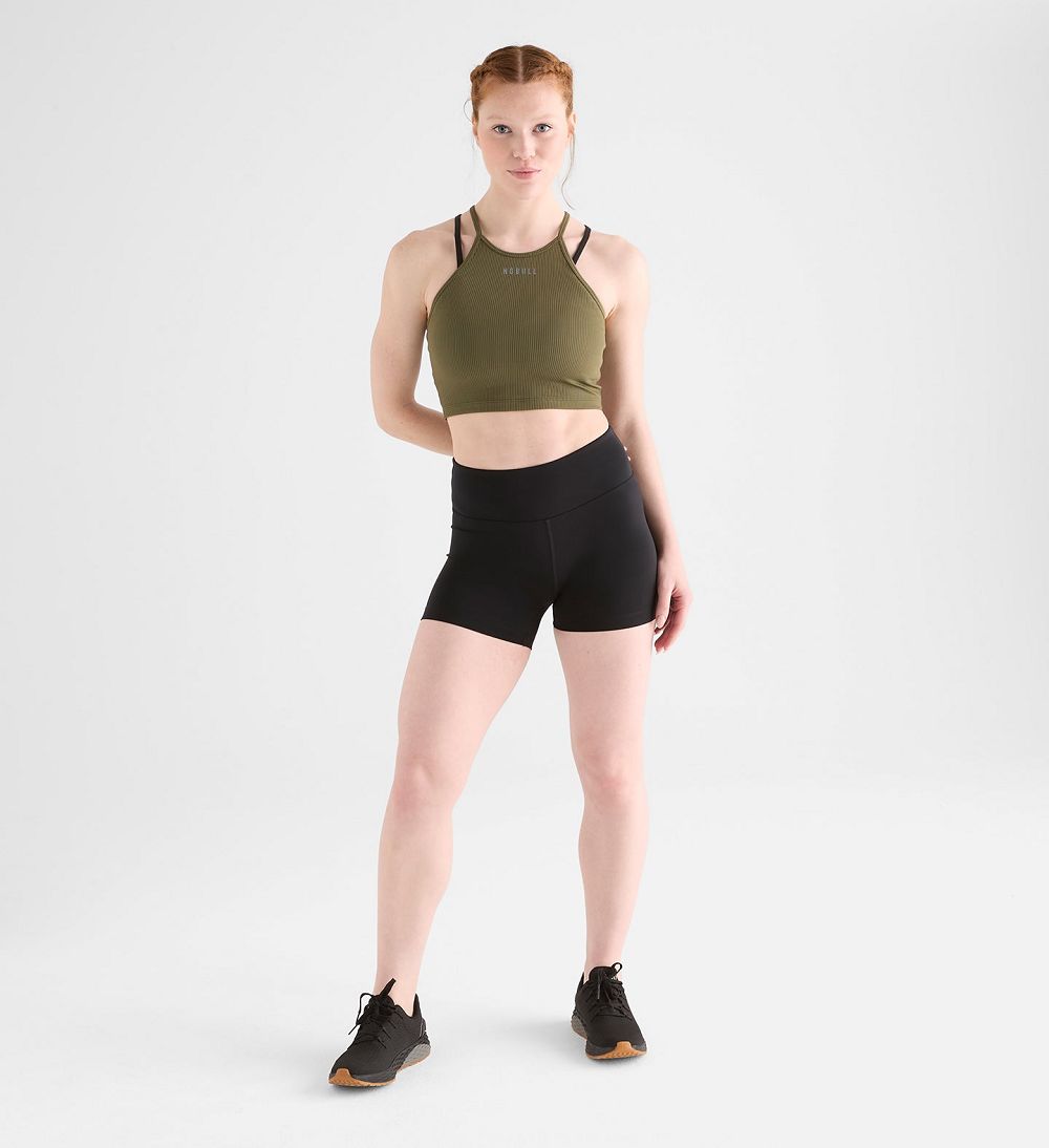 Women NOBULL Ribbed Halter Crop Tanks Army Green | JSNQI-4859