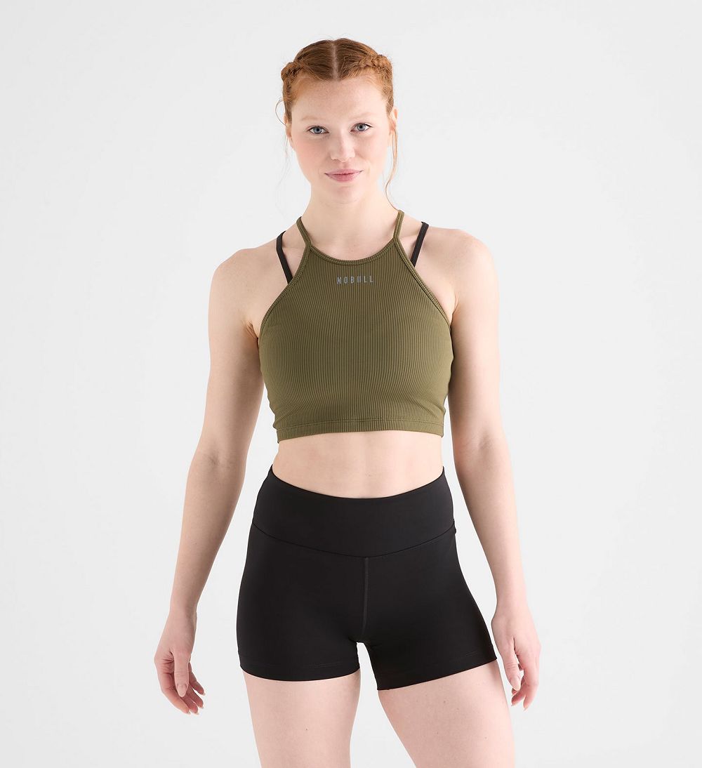 Women NOBULL Ribbed Halter Crop Tanks Army Green | JSNQI-4859