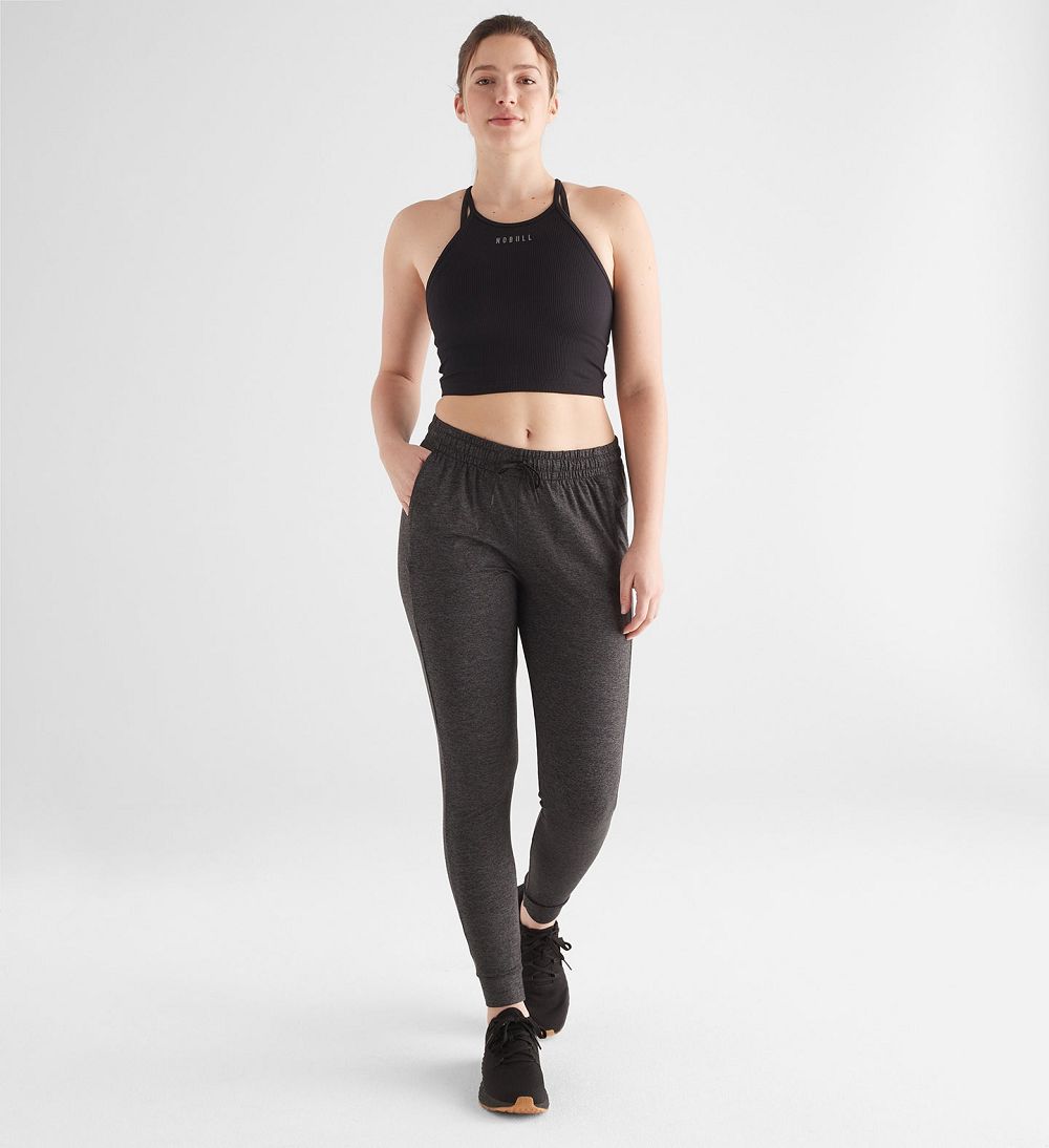 Women NOBULL Ribbed Halter Crop Tanks Black | QALDI-5430