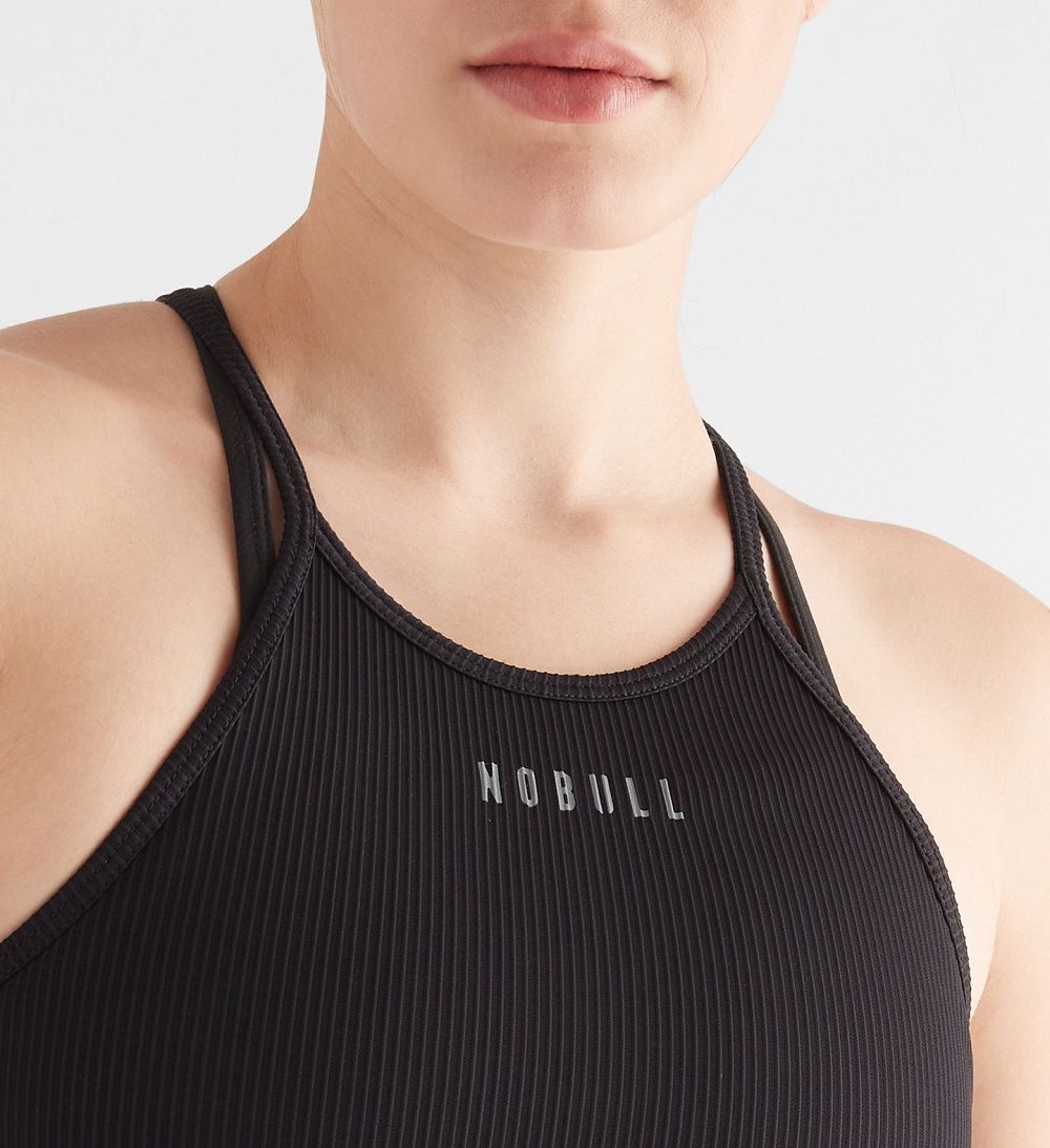 Women NOBULL Ribbed Halter Crop Tanks Black | QALDI-5430