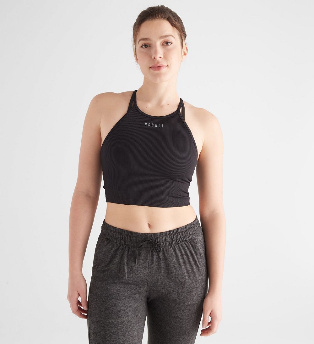 Women NOBULL Ribbed Halter Crop Tanks Black | QALDI-5430